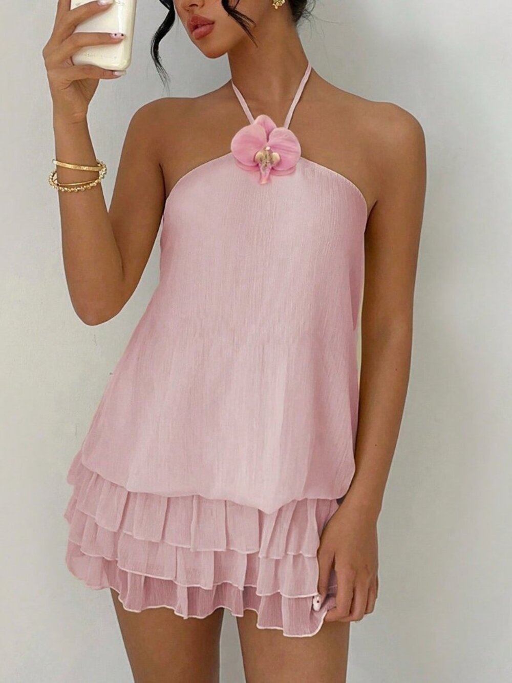 Baby Pink Casual Women's Low-Waist Backless Ruffle Hem Mini Dress